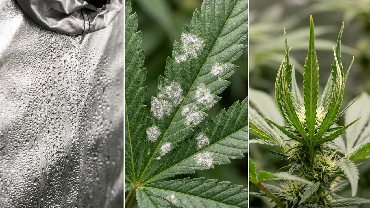 Three cannabis humidity problems displayed side-by-side: condensation on tent wall, powdery mildew on leaf, and leaf curl from moisture stre