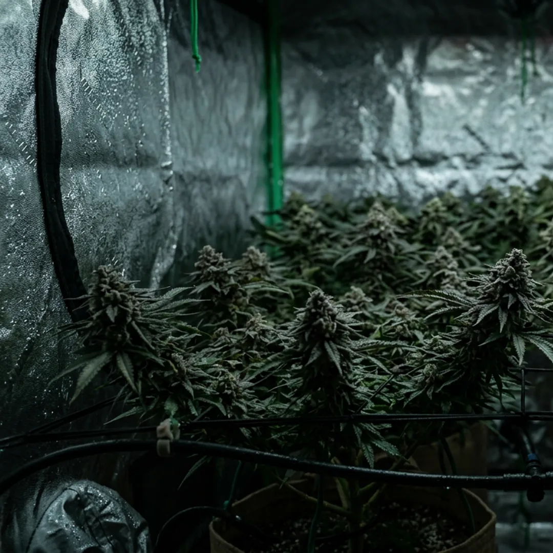 Condensation droplets coat mylar walls and ceiling in a dark grow tent above a dense cannabis flowering canopy.