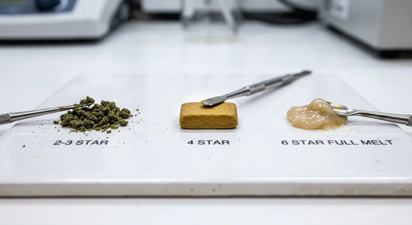 Hash quality grades from left: 2–3 star dry ice kief, 4 star pressed hash, 6 star full-melt bubble hash