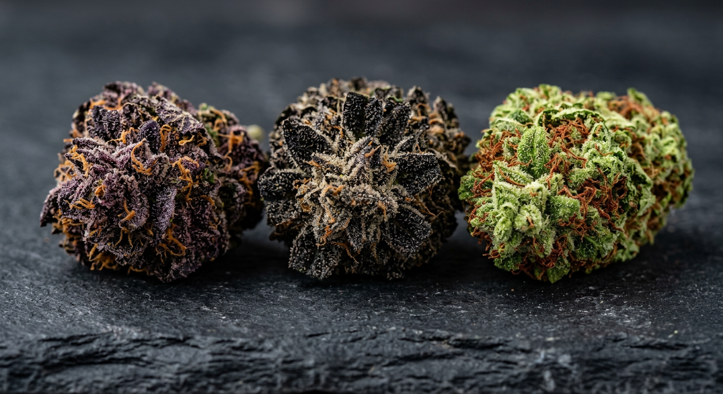 Three exotic cannabis phenotypes showing the visual diversity in rare genetics — purple, dark, and trichome-heavy expressions