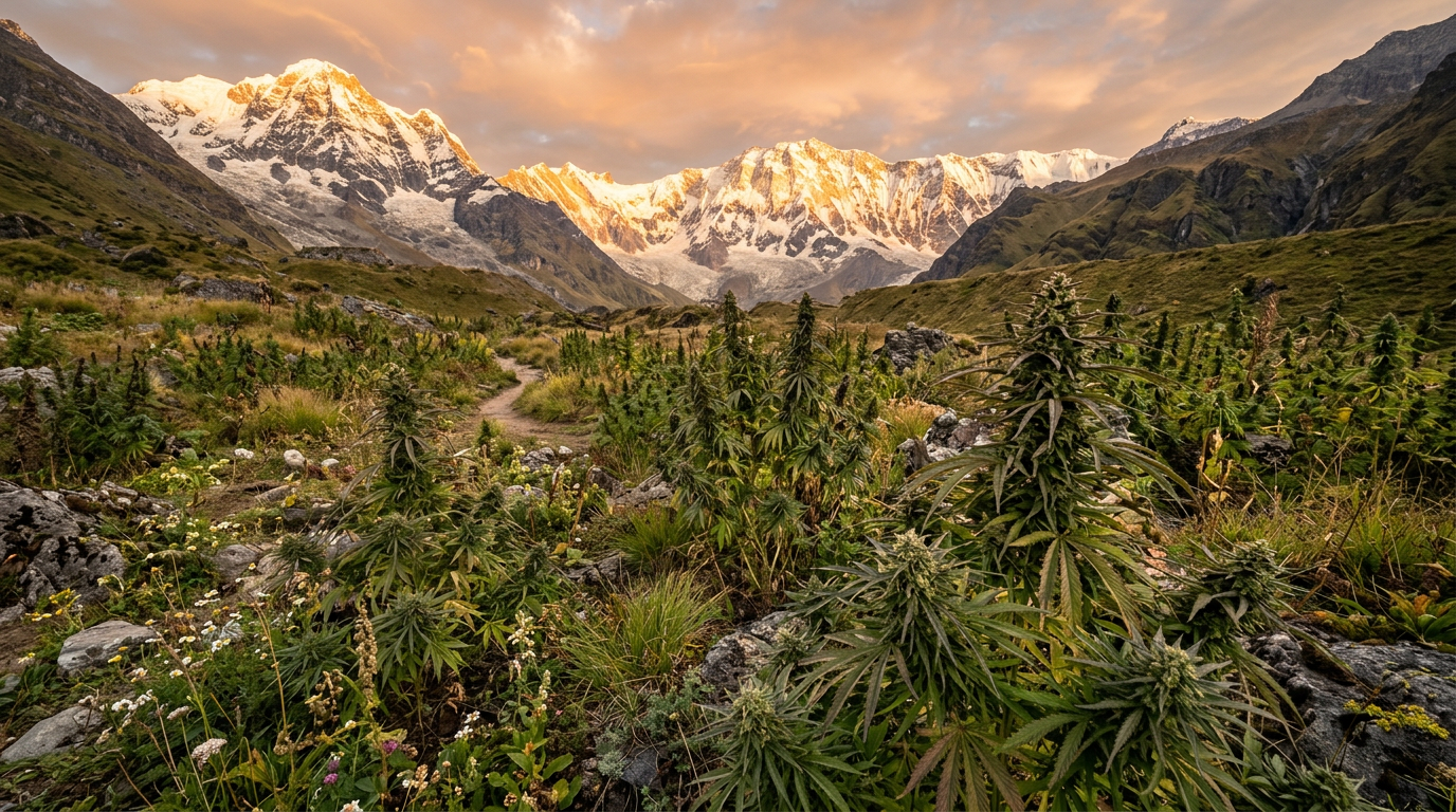 Wild cannabis in its native mountain habitat — landrace populations that form the genetic foundation of today's exotic strains