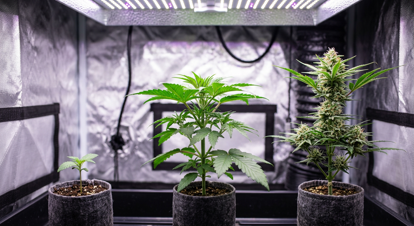Autoflowering cannabis plants progressing through stages from seedling to early flower in a single grow tent