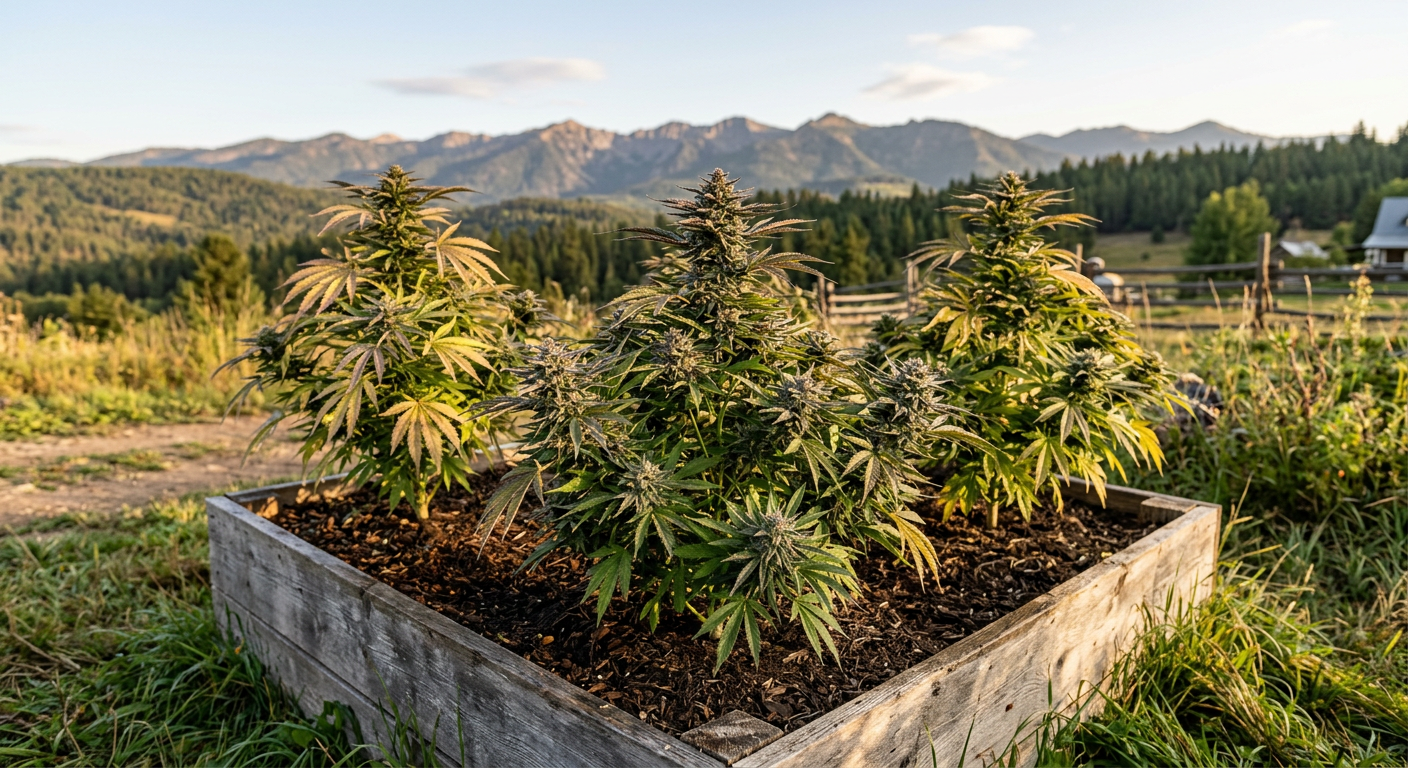 Fast-finishing outdoor cannabis plants in full bloom under late summer sun before first frost