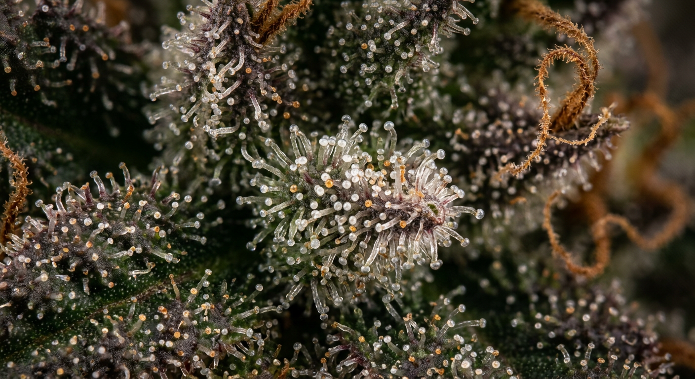 Trichome color at peak harvest readiness — mostly cloudy white with early amber development