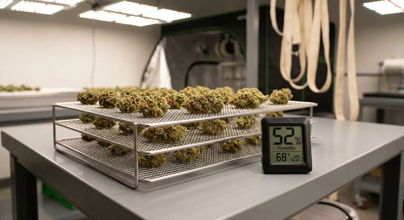 Spreading under-dried buds on a rack with a hygrometer nearby is the correct first move — never re-seal spongy buds.