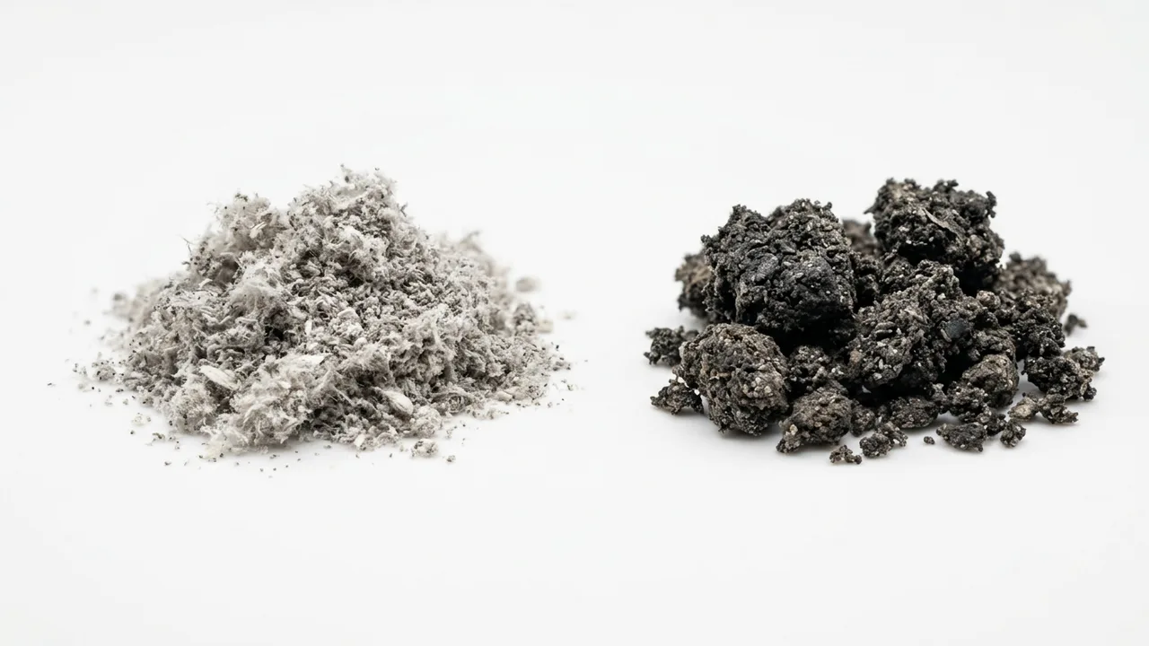 Two cannabis ash samples on white background showing contrast between light fluffy ash and dark clumped ash under studio lighting.