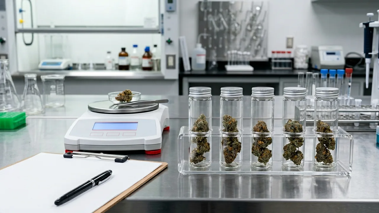 Laboratory bench displaying labeled cannabis samples in glass vials with a digital scale and clipboard in a clean research setting.