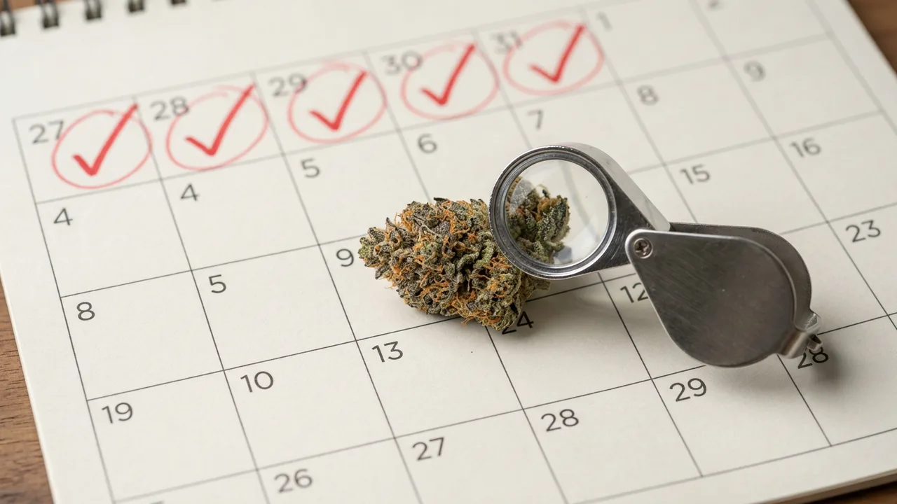 Wall calendar with red countdown days, magnifying glass, and cannabis bud sample for harvest timing reference.