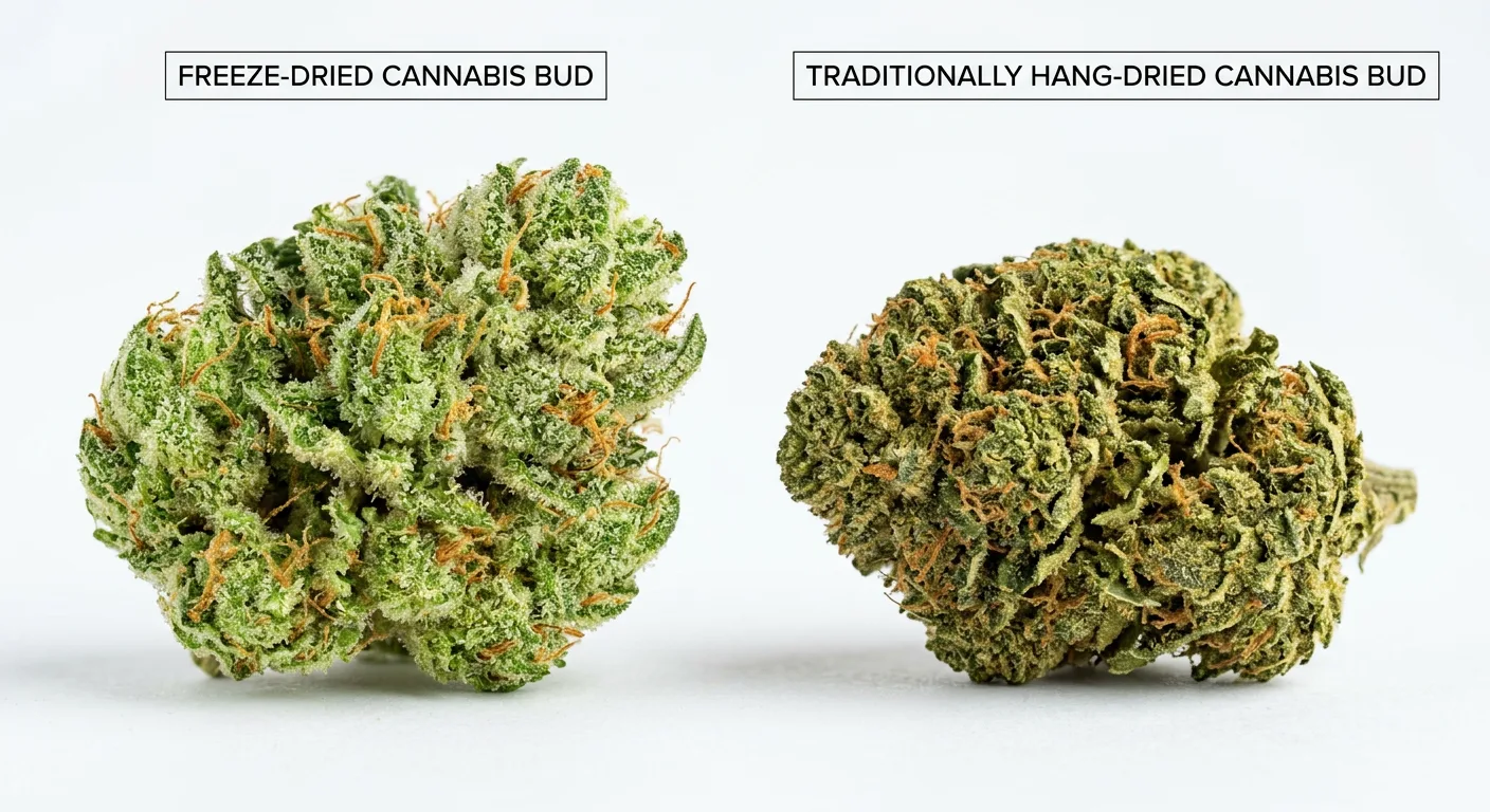 Freeze-dried bud (left) retains structure and color; hang-dried bud (right) shows typical compression and color shift.