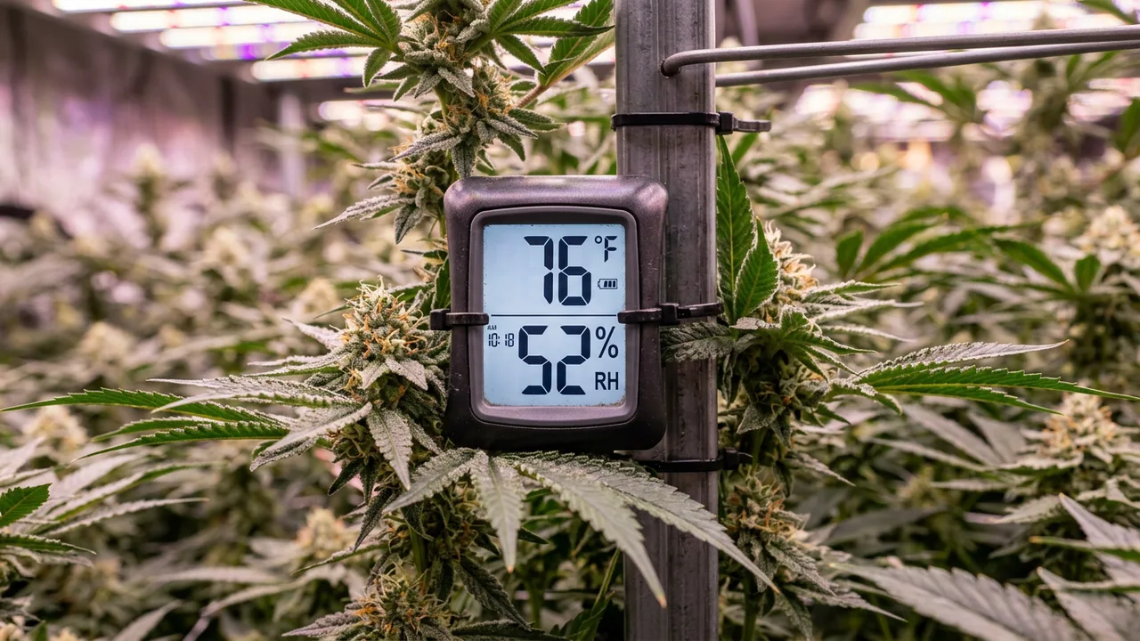 Digital thermometer displaying 76°F and 52% humidity at canopy level with grow lights glowing softly in background.