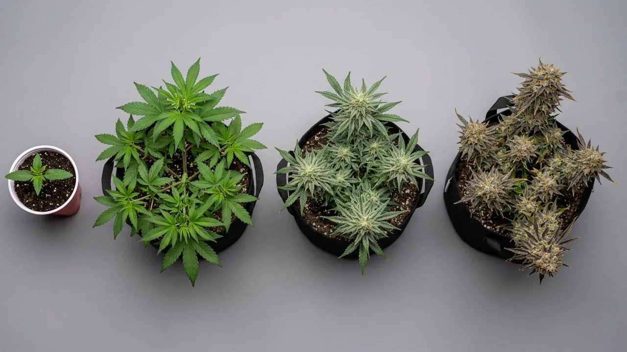 Four cannabis plants at successive growth stages from seedling to late flower arranged overhead on gray background with studio lighting.