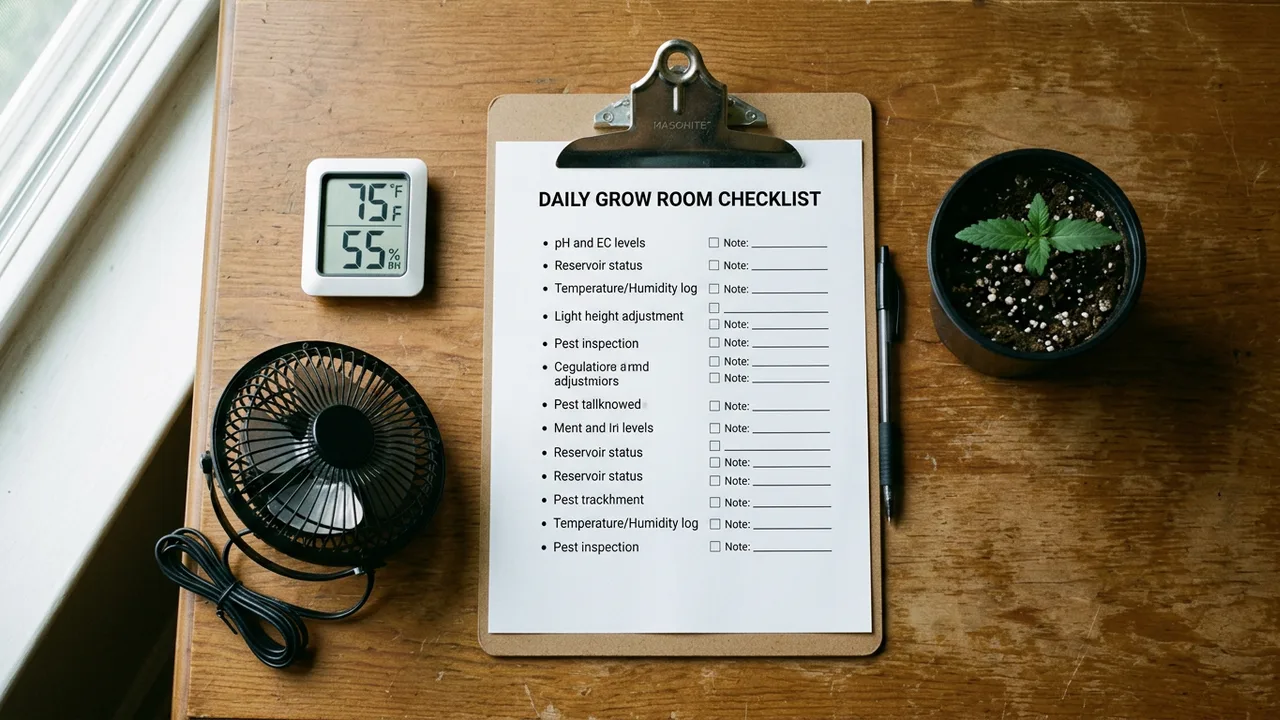 Grow room checklist on clipboard with thermometer, hygrometer, fan, and cannabis seedling on desk, flat lay view.