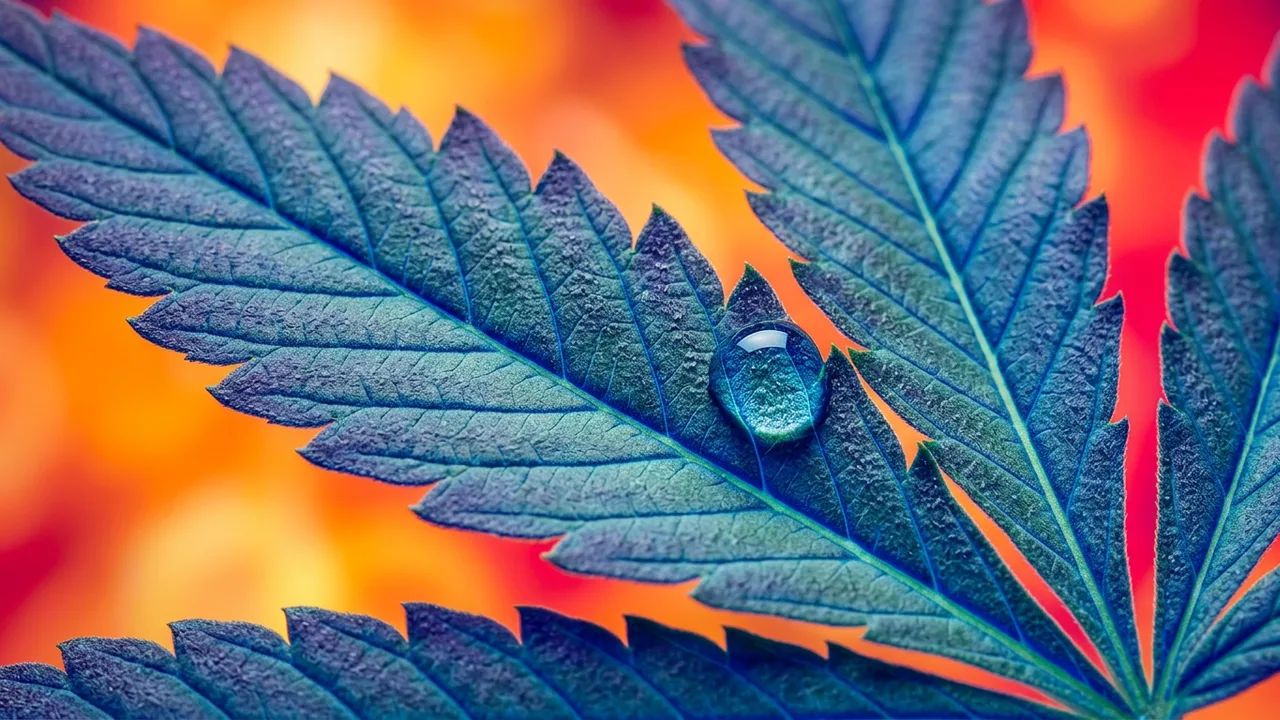 Thermal imaging of cannabis leaf surface showing cooler tones against warmer air with visible water droplet from transpiration.