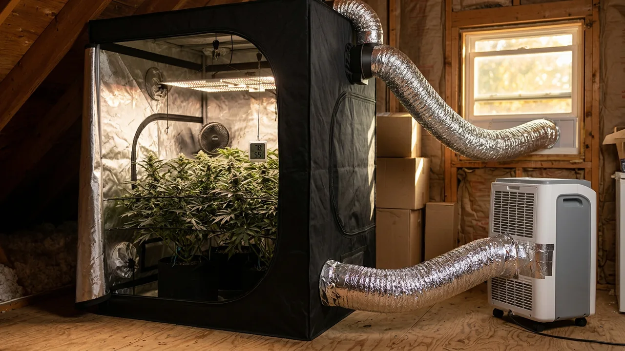 Grow tent in hot attic with portable AC unit, insulated ducting vented through window, dimmed LED light, and thermometer reading 78°F.
