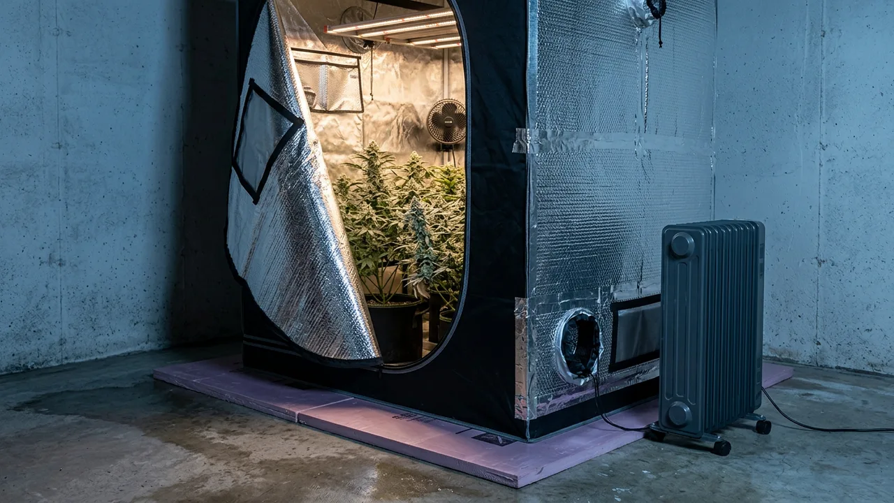 Insulated grow tent with Mylar wrapping in concrete basement beside oil-filled heater for winter warmth.