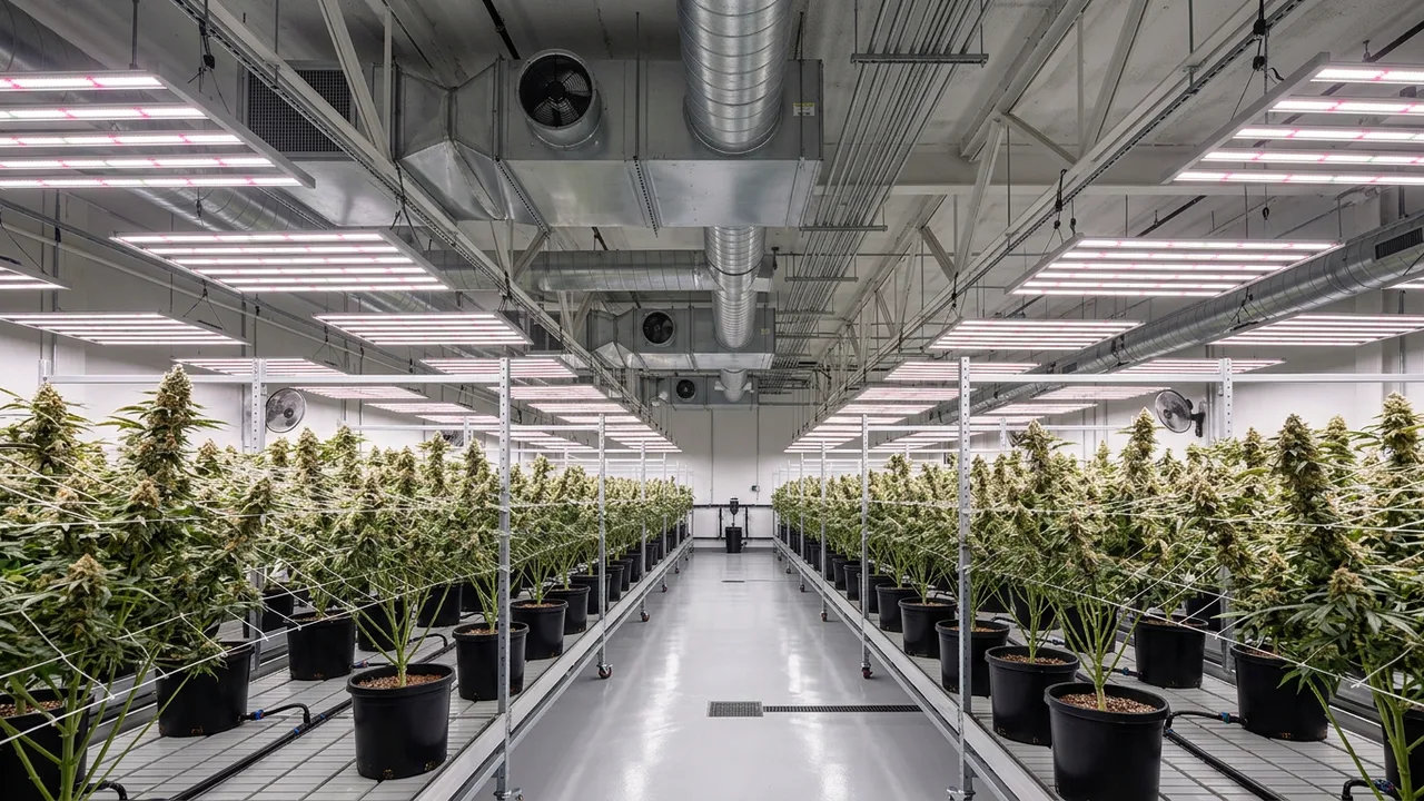 Overhead view of workbench displaying four common grow room mistakes: misplaced hygrometer, tangled ducts, conflicting dehumidifier and AC u