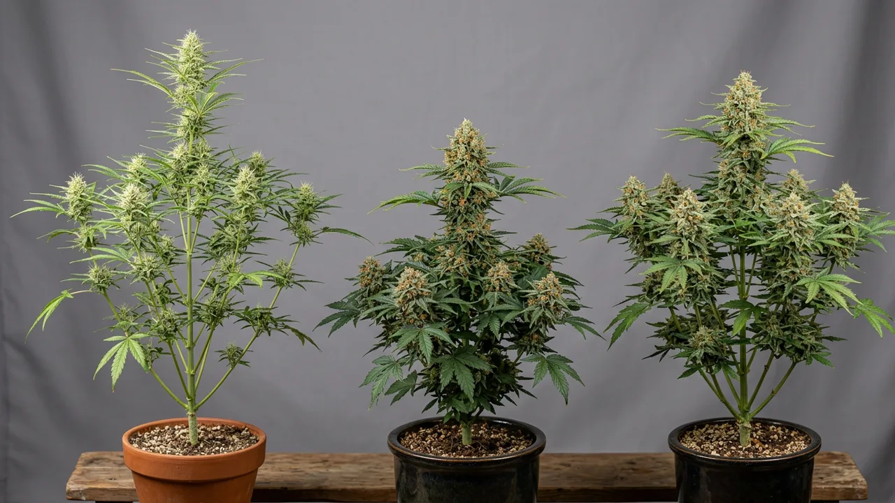Three cannabis strains displayed side-by-side showing sativa, indica, and hybrid varieties with distinct bud structures under studio lightin