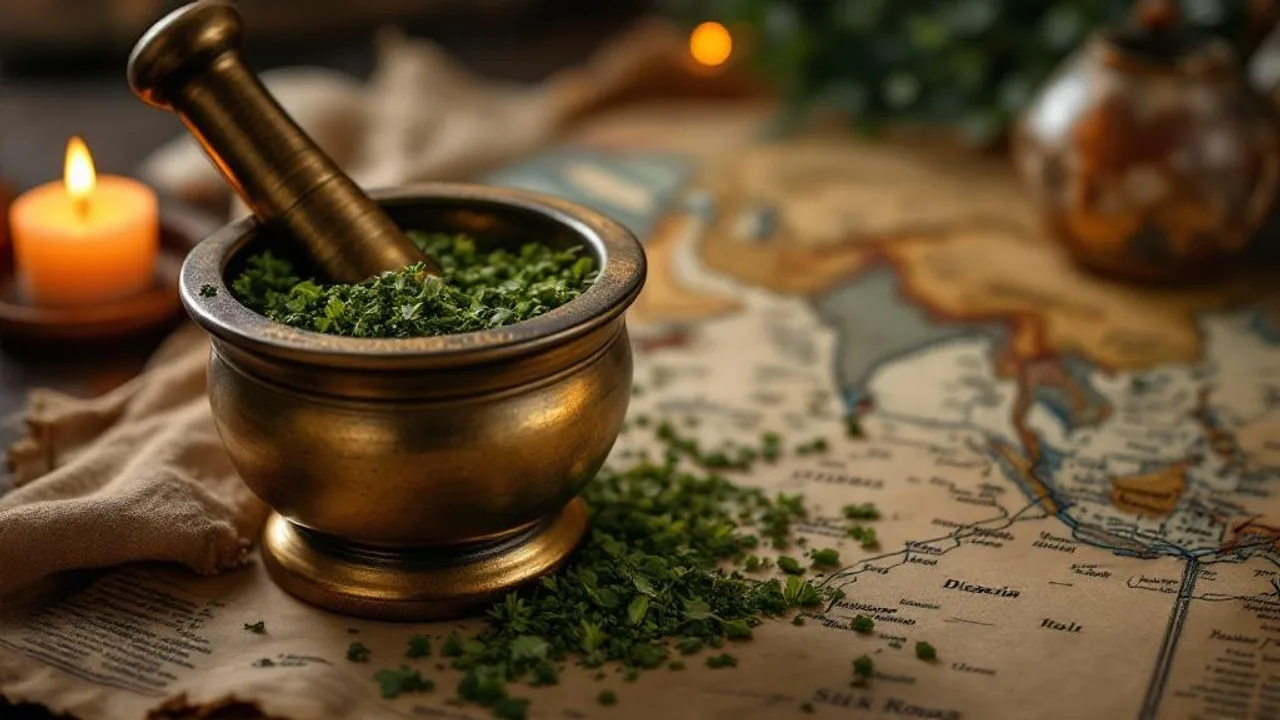 Vintage brass mortar and pestle with crushed green herbs beside an antique Silk Road map, lit by candlelight against dark wood.