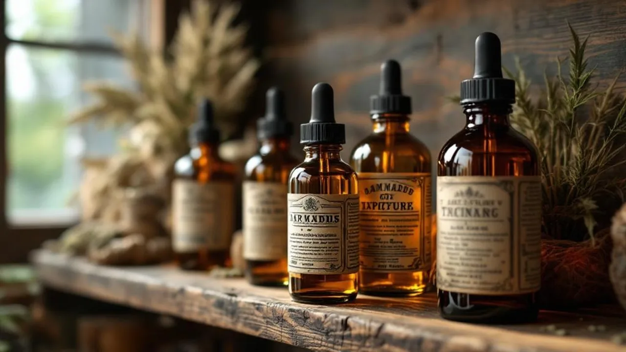 Antique amber glass tincture bottles with faded pharmaceutical labels displayed beside hemp stalks on a wooden apothecary shelf.