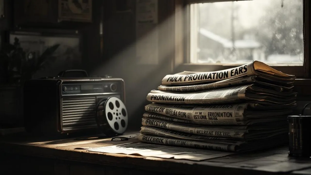 Vintage 1930s newspaper stack with prohibition headlines displayed next to an old radio and film reel under dramatic spotlight, rendered in 