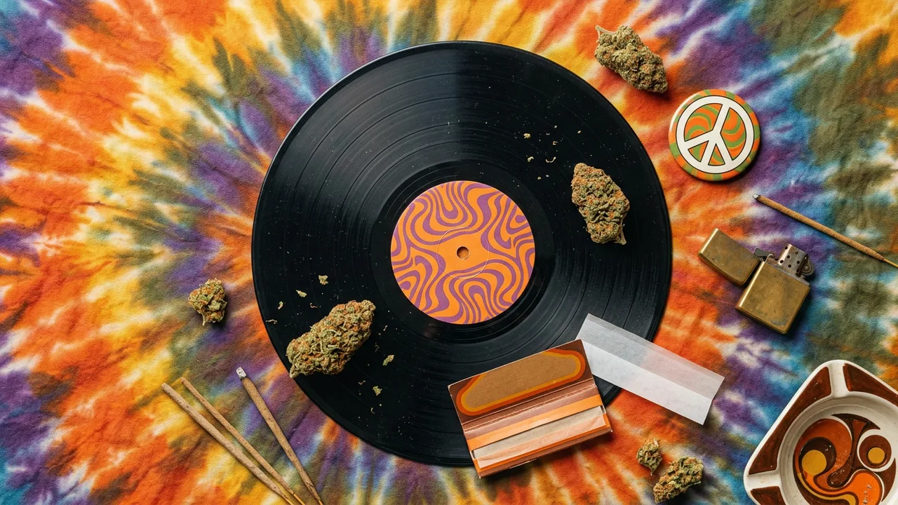 1970s flat lay featuring tie-dye fabric, vinyl record, peace button, rolling papers, and dried flowers in warm, saturated colors shot from a