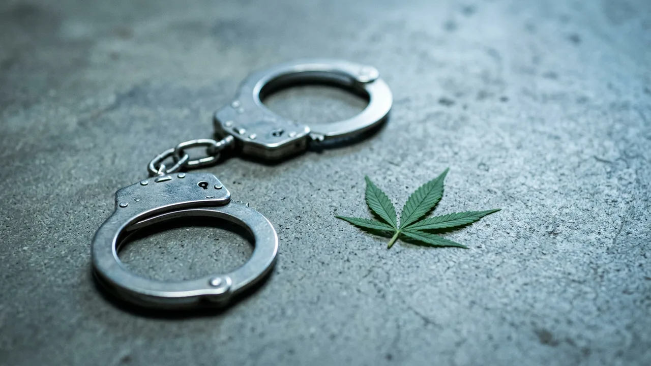 Metal handcuffs rest on concrete beside a small cannabis leaf under harsh blue fluorescent light, symbolizing drug prohibition.
