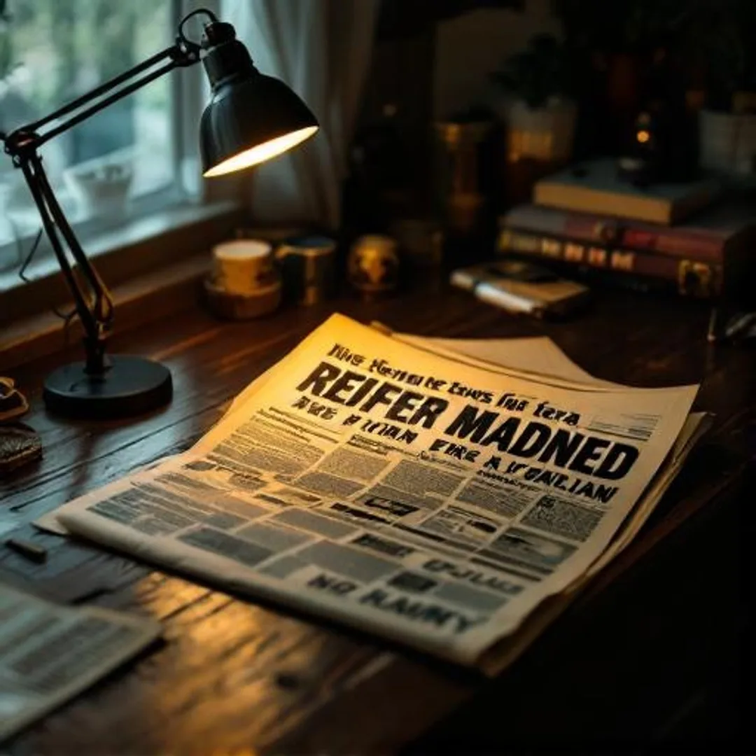Vintage newspaper with reefer madness headline on wooden desk beneath warm lamp light, photographed from above.