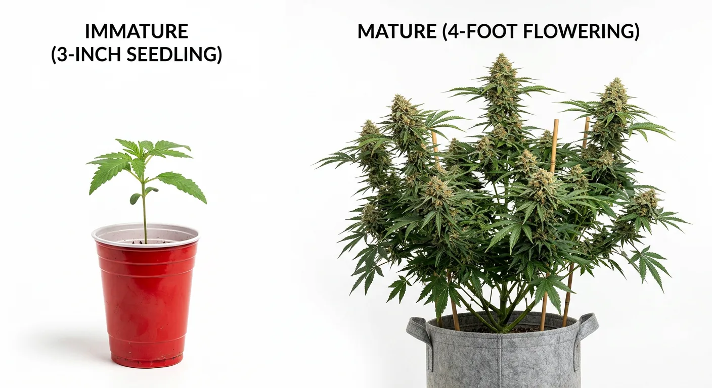 A cannabis seedling (left) vs. a mature flowering plant (right) — whether both count toward your legal limit depends entirely on your state.