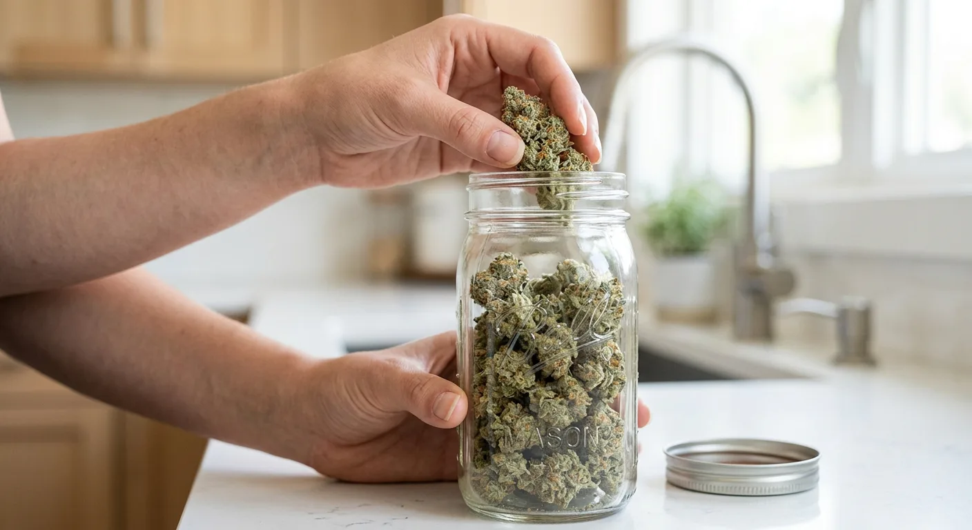 Filling a quart mason jar to 75% — the correct fill level for proper gas exchange during curing.