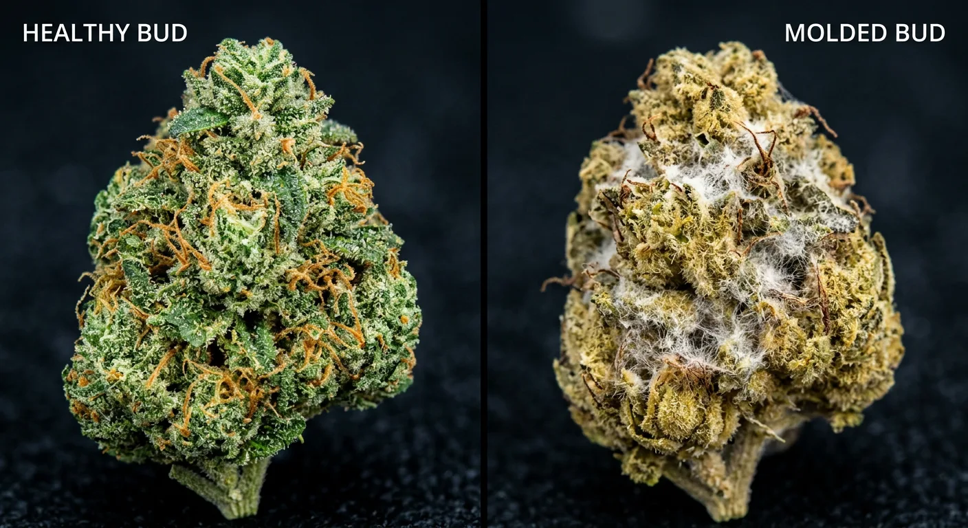 Healthy cured bud (left) vs early mold growth (right) — learn to spot the difference early.