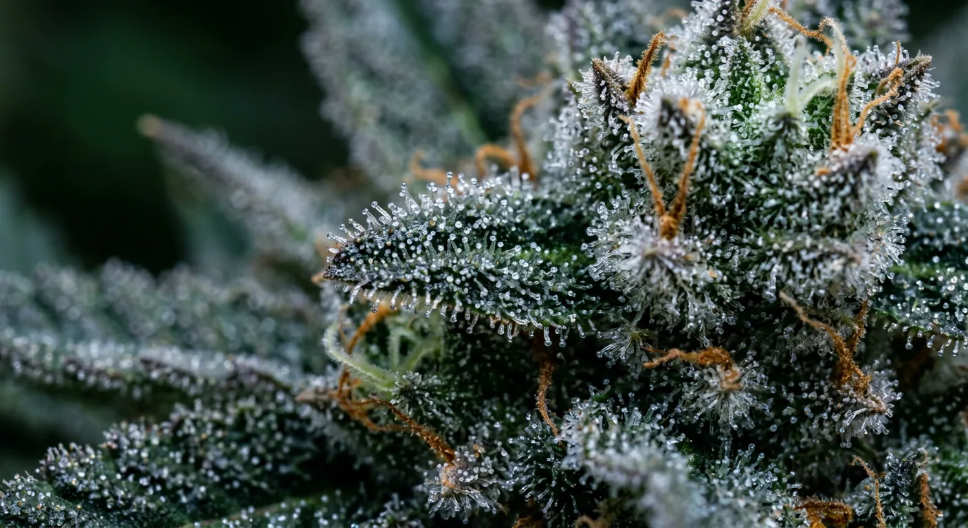 Dense trichome coverage on a late-flowering cannabis bud — the visible result of optimized temperature management.