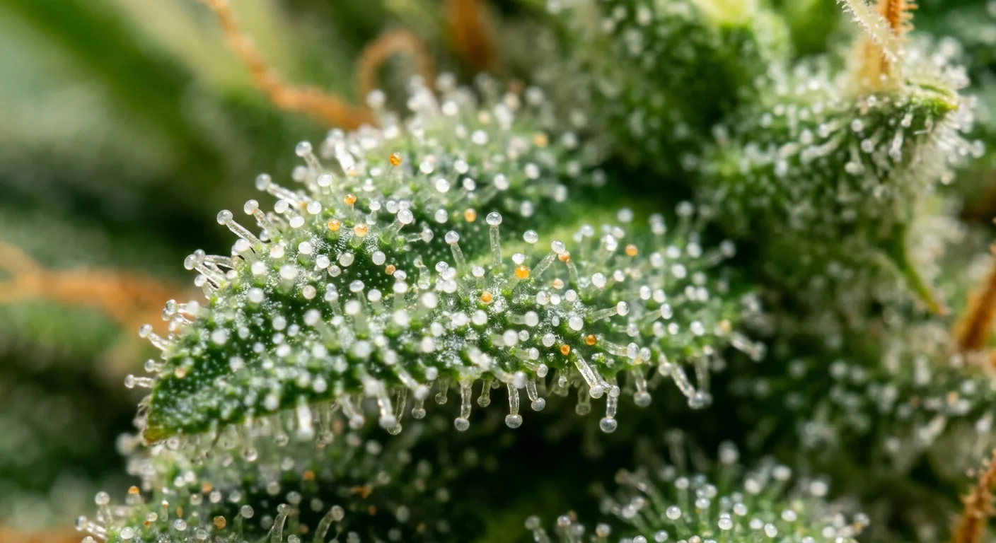 
Trichome color at peak terpene window: mostly cloudy with minimal amber — earlier than full THC peak.