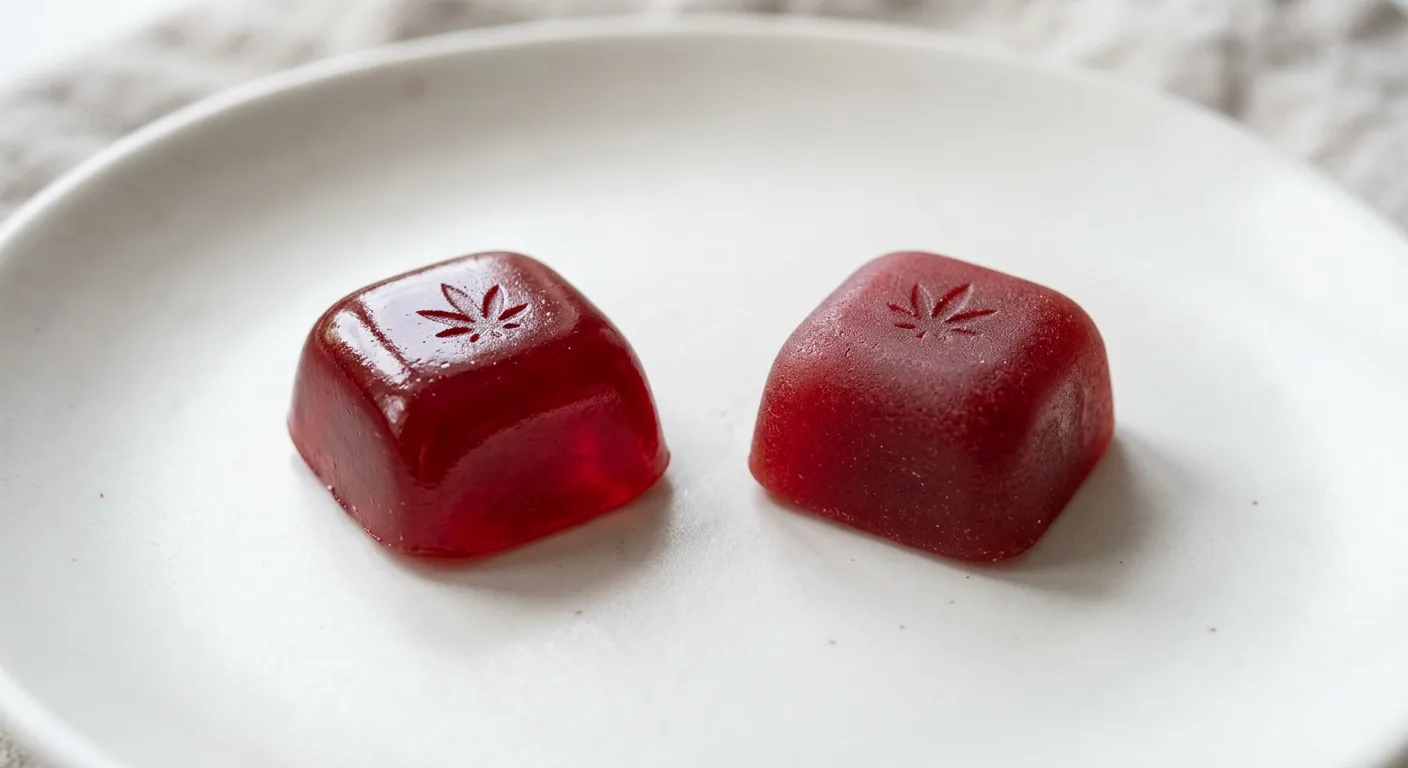 Gelatin gummy (left) vs pectin gummy (right) — notice the translucent shine vs matte finish