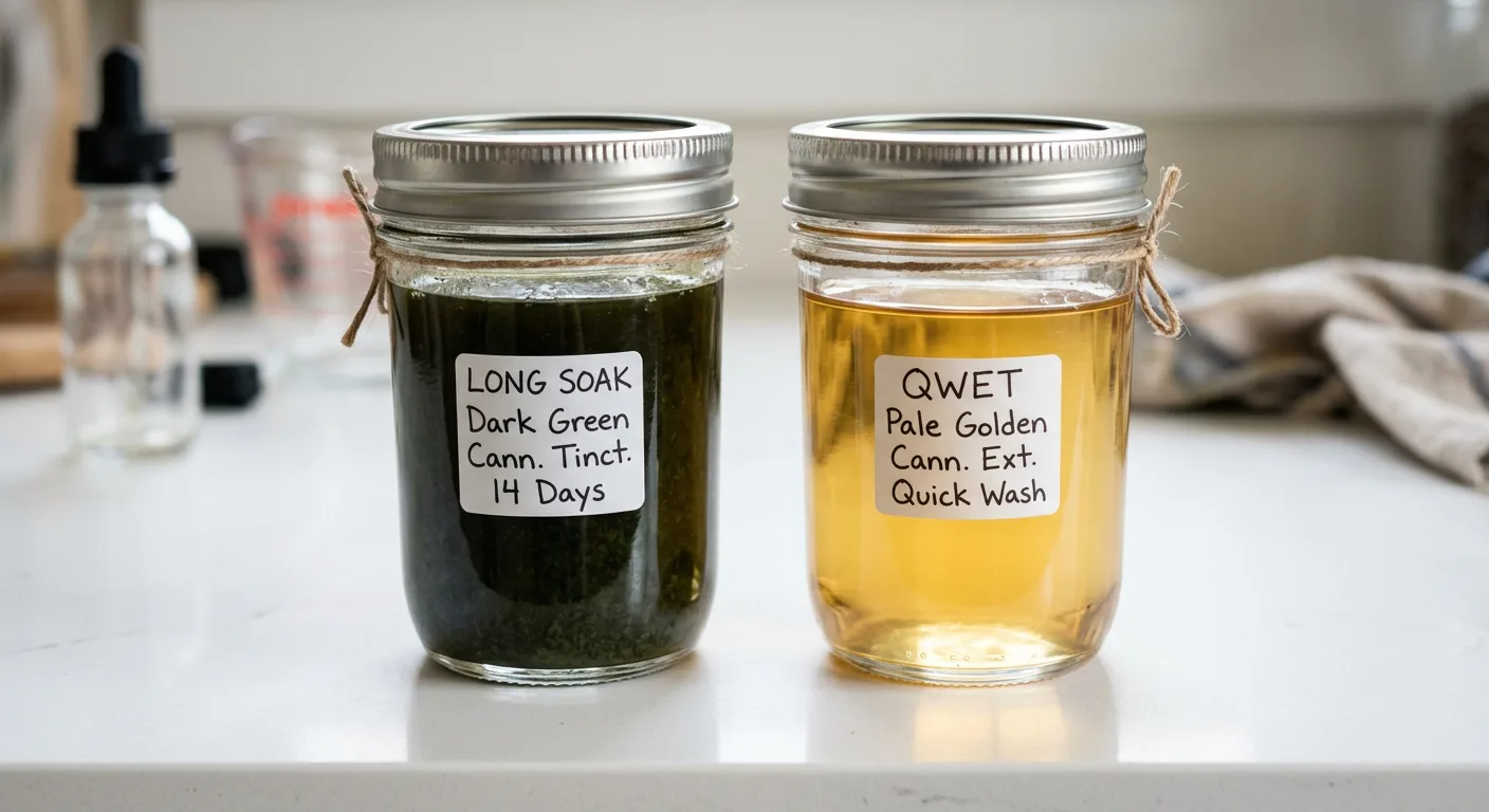 Long-soak tincture (left) vs. QWET result (right) — same cannabis, same ethanol, different contact time.