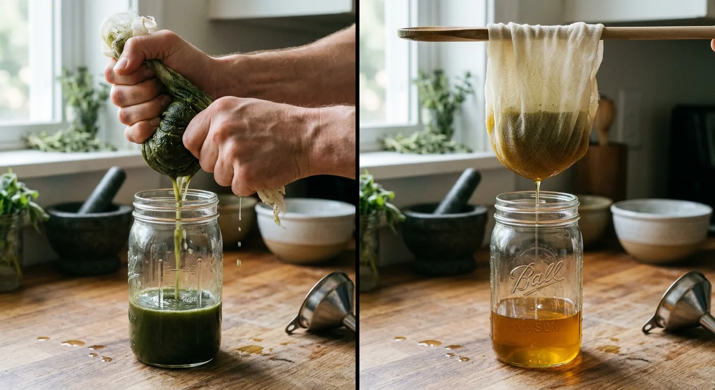 Left: squeezed (dark, harsh). Right: gravity-drained (golden, clean).