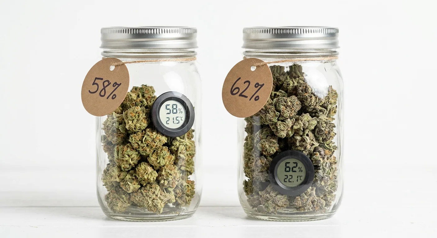 Left: 58% RH jar for long-term storage. Right: 62% RH jar during active cure. Both are valid — the choice depends on your timeline and texture preference.