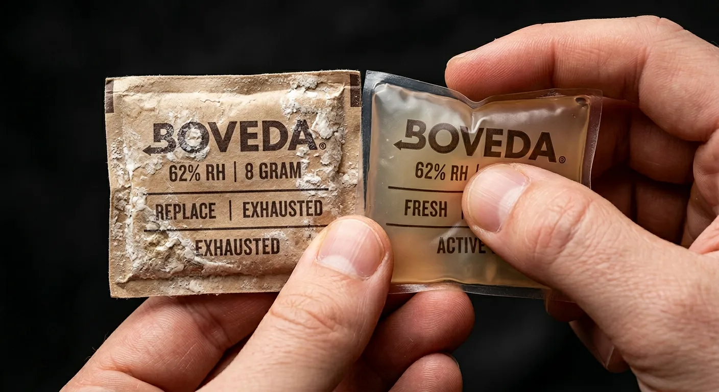 Left: exhausted pack — hard and brick-like, needs replacing. Right: fresh pack — soft and pliable, still active.