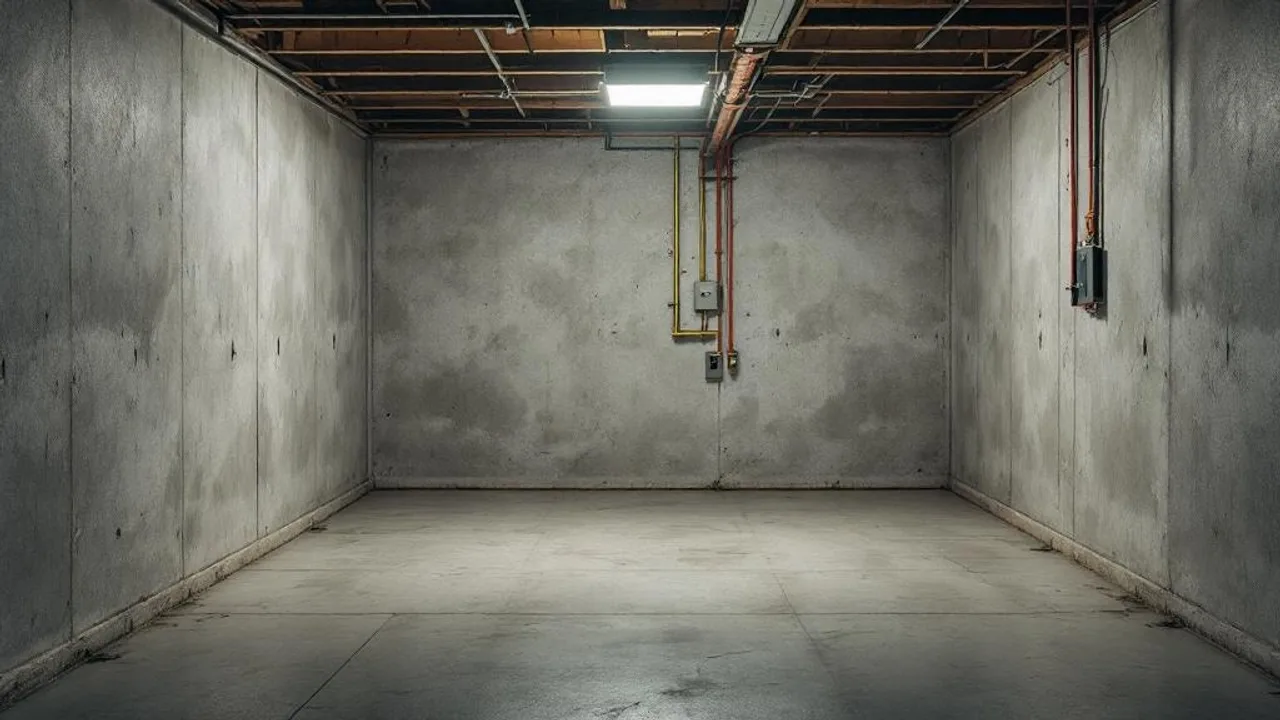 Sealed basement room with insulated walls, electrical subpanel, and work light ready for hydroponic grow conversion.