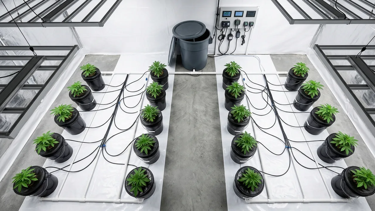 Overhead floor plan of hydroponic grow room showing two parallel rows of DWC buckets with central aisle and reservoir setup against back wal