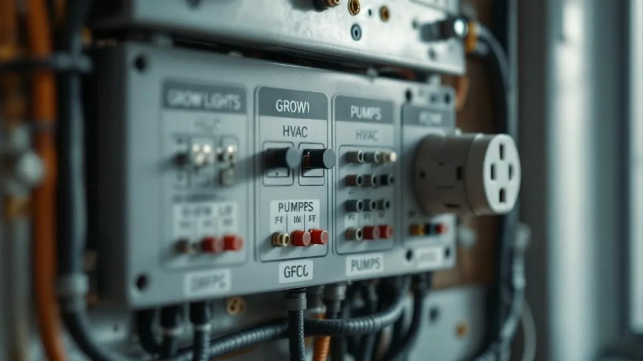 Close-up of a labeled electrical subpanel showing dedicated circuits for grow lights, HVAC, and pumps with nearby GFCI outlets on conduit.