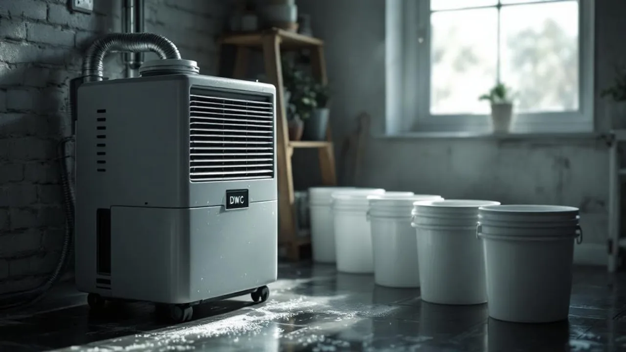Dehumidifier with collection tank positioned beside DWC hydroponic buckets, frost-covered coils visible.