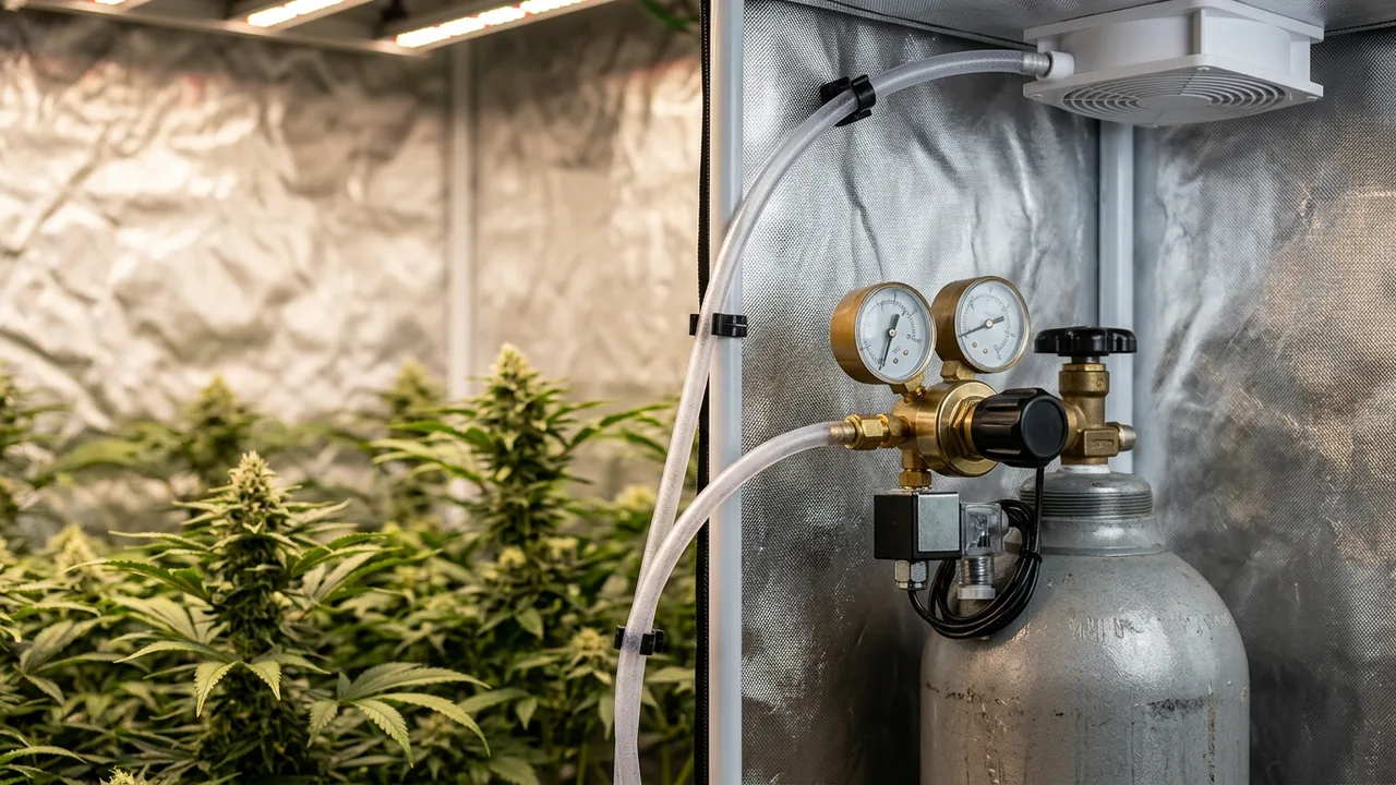 CO2 tank with regulator and solenoid valve in sealed grow room corner, tubing connected to ceiling diffusion fan.