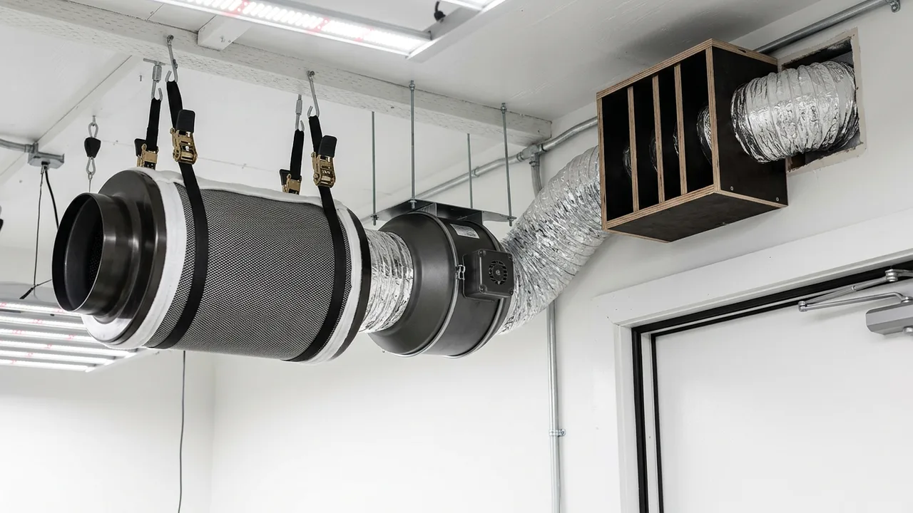 Carbon filter and inline fan mounted to grow room ceiling with light-trapped exhaust duct and weatherstripped door for odor and light contro