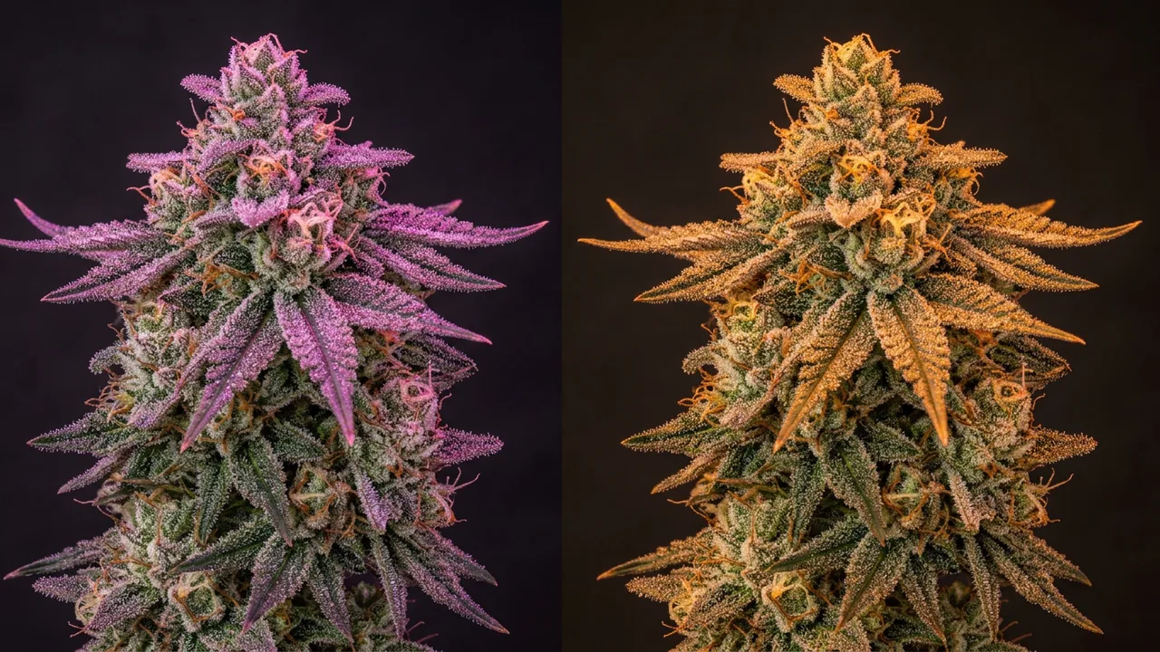 Two frosted cannabis buds side-by-side under violet LED and warm HPS lighting, showcasing trichome detail and spectrum differences on dark b