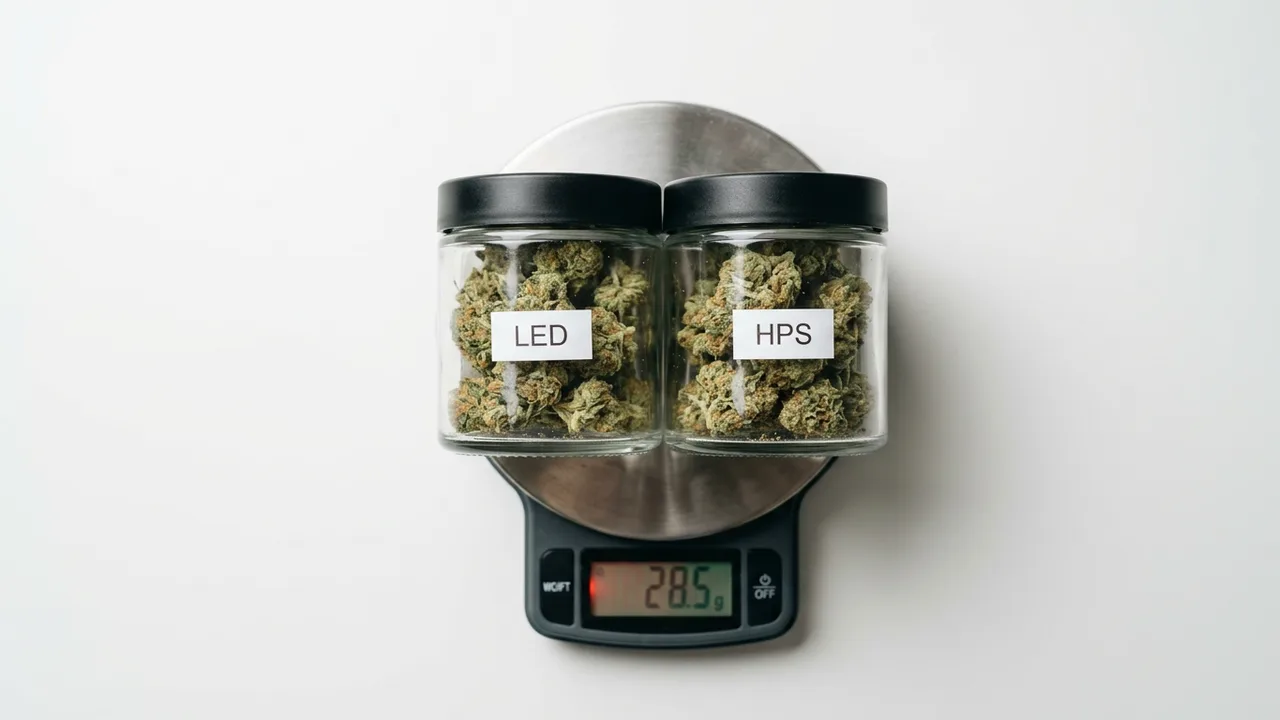 Two identical jars of dried cannabis on a digital scale labeled LED and HPS against white background.
