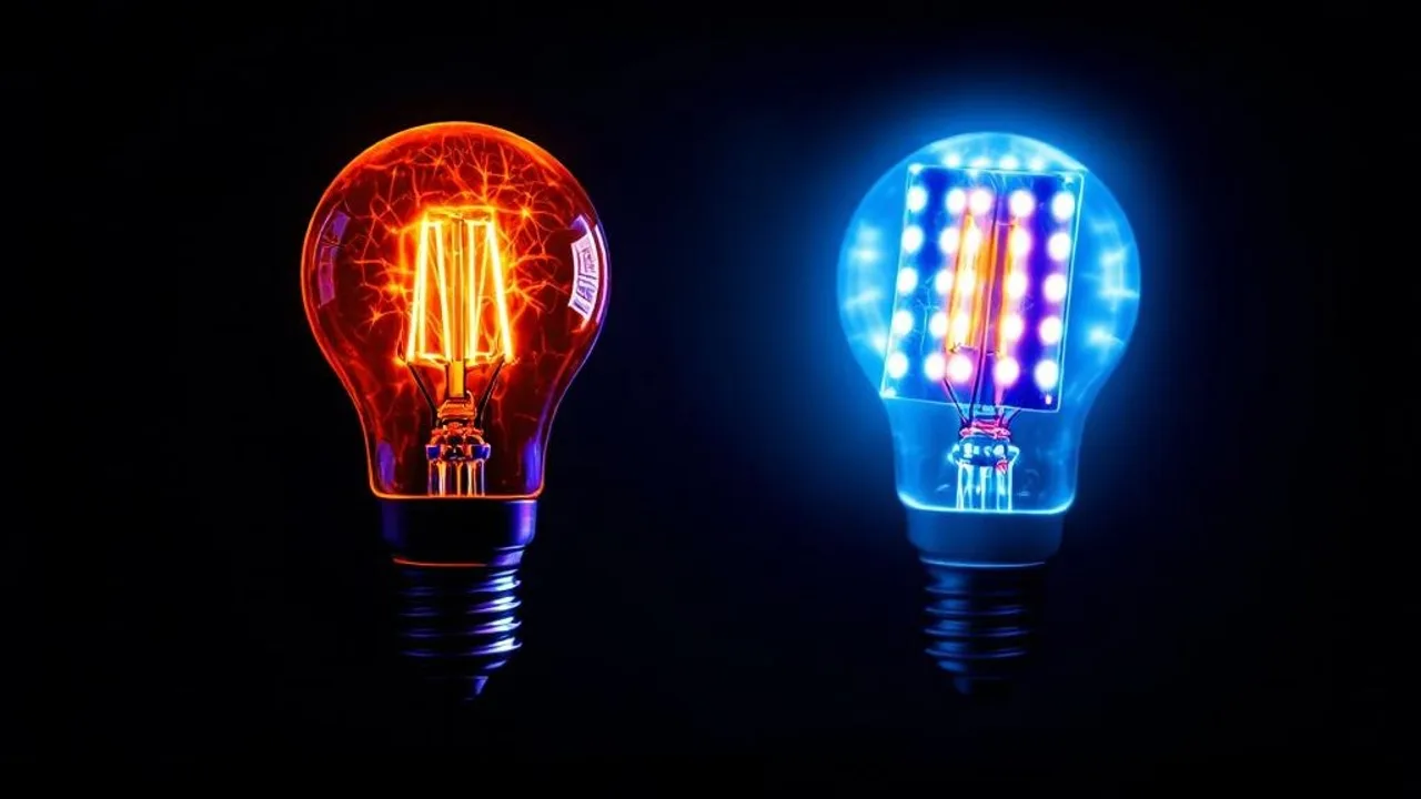 Thermal comparison showing glowing red HPS bulb versus cool blue LED panel against dark background, illustrating heat efficiency differences