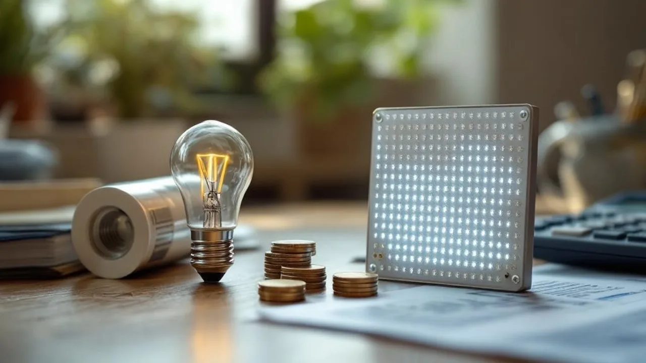HPS ballast and bulb beside modern LED quantum board with calculator and coins on wooden desk, illustrating cost comparison.