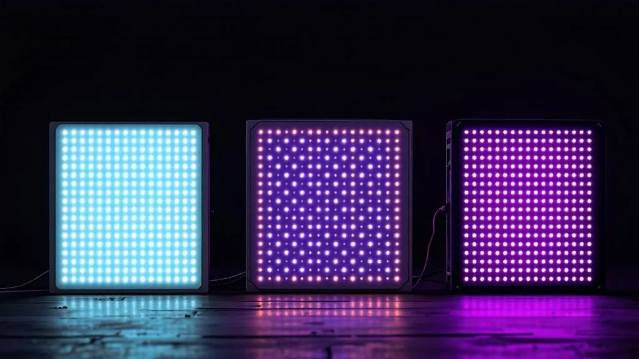 Three LED grow light panels side by side showing quality differences from premium quantum board to budget blurple, powered on against dark b