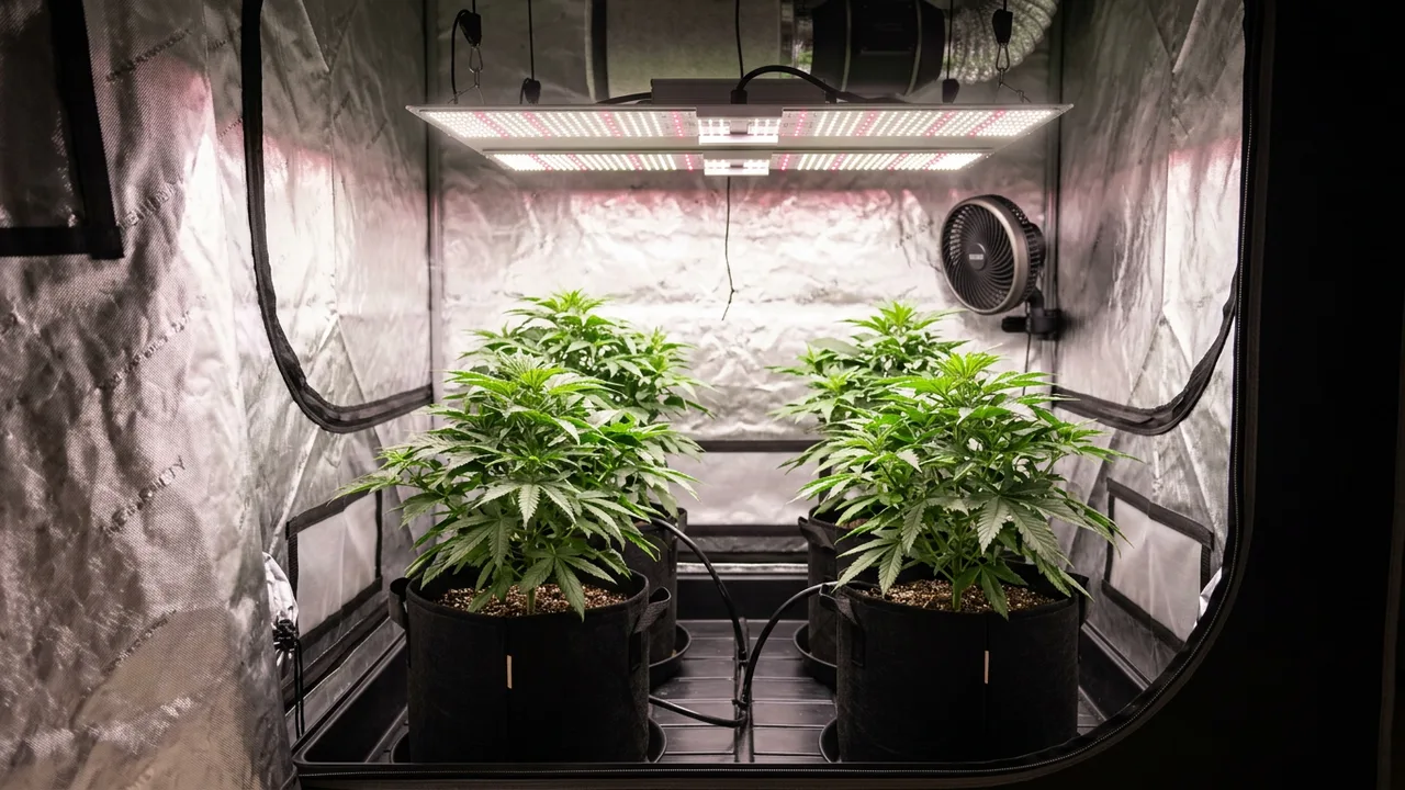 Four healthy cannabis plants under full-spectrum LED quantum board lighting in an open 4x4 grow tent with pink-white glow.