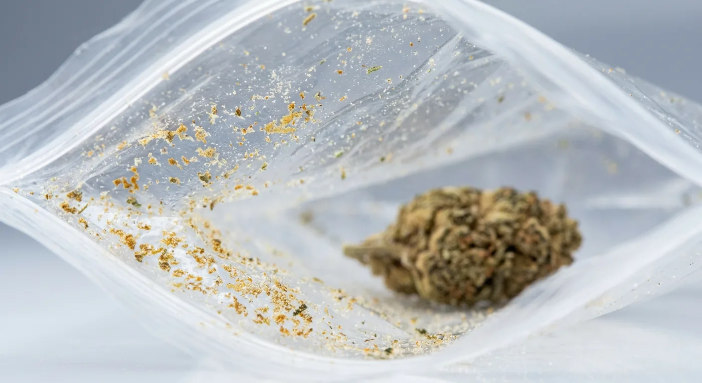 Trichomes stripped from buds by static electricity cling to the inside of a plastic bag — potency you can see being lost.